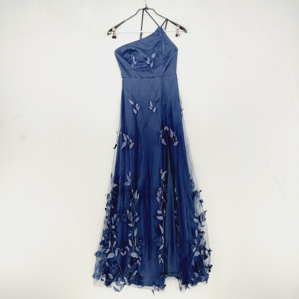 NEW Lulus Regal Poise Navy Blue 3D Floral Applique One-Shoulder Maxi Dress P3433 - Picture 2 of 10